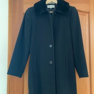 Larry Levine black coat with fur collar and back belt size 2p